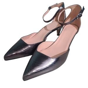 J. Crew Metallic Pewter Pointed Toe Ankle Strap Heels